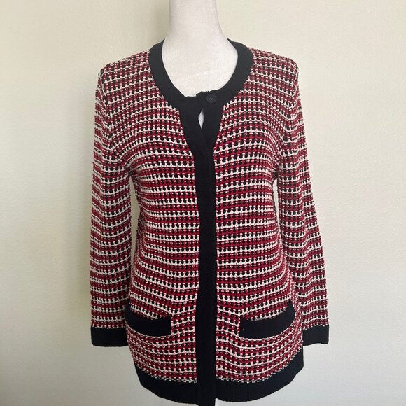 Talbots Cardigan Navy Red Sweater Snap-Down Woven 100% Cotton SZS Classic Career - Picture 1 of 8